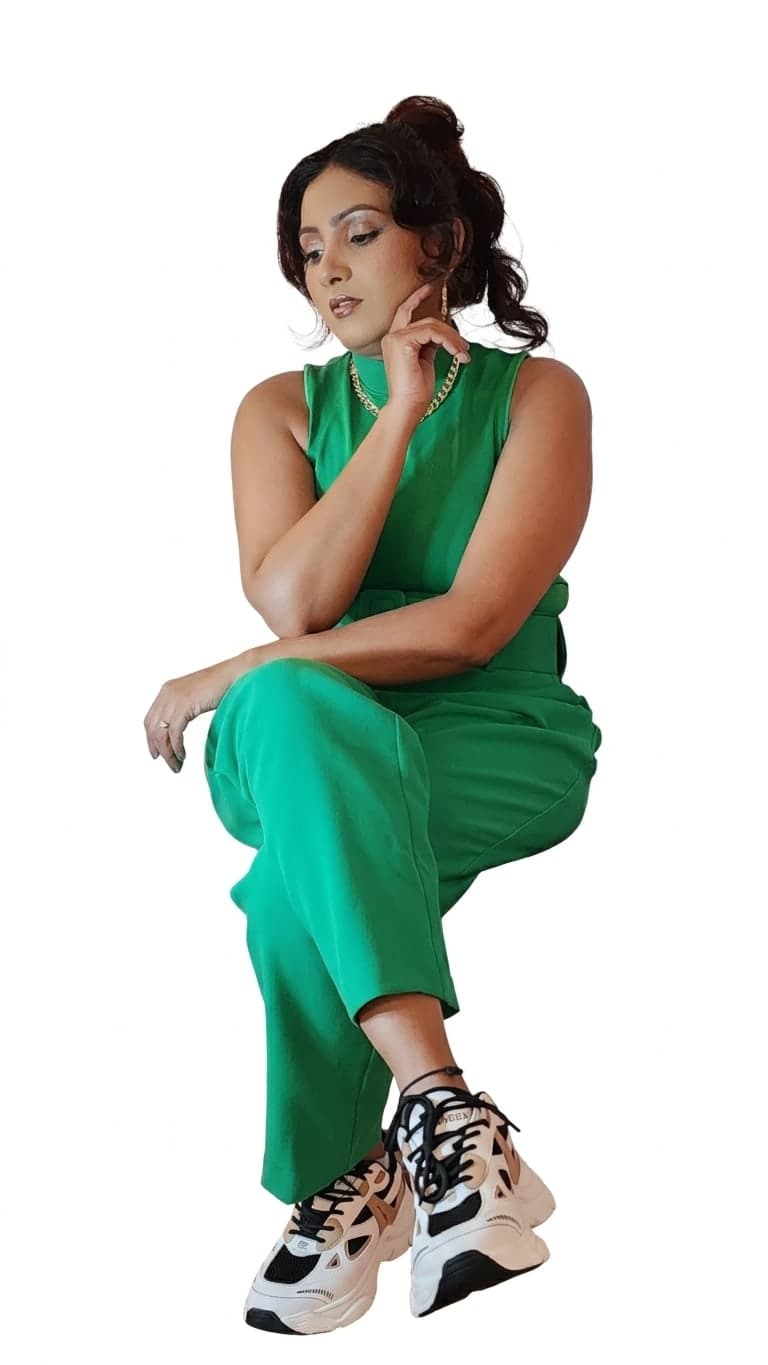 Karuna in a green jumpsuit, seated with her chin resting on her hand